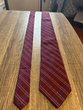 DKNY Burgundy Plaid Silk Tie with Subtle Pinstripes